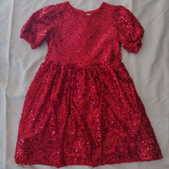 Cat & Jack Girls Red Sequin Dress XL 14 Puff Sleeve Fit n Flare - Picture 11 of 11